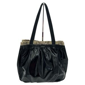 FURLA WOMEN’S BLACK PATENT LEATHER SNAKE EMBOSSED LEATHER TRIM PURSE HAND BAG